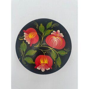 Vintage Russian Lacquered Hand painted Floral Trinket Box 5" x 2"
